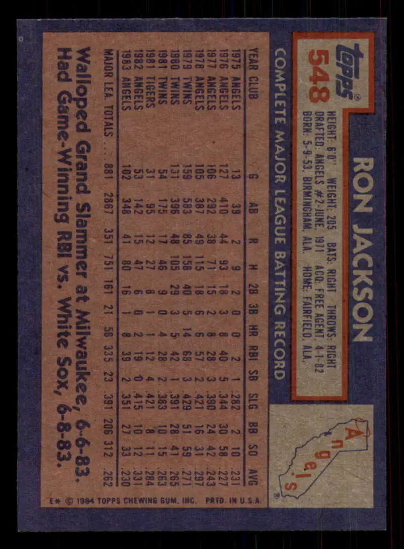 1984 Topps #548 Ron Jackson EX Excellent California Angels Baseball Card - Baseball Card Single