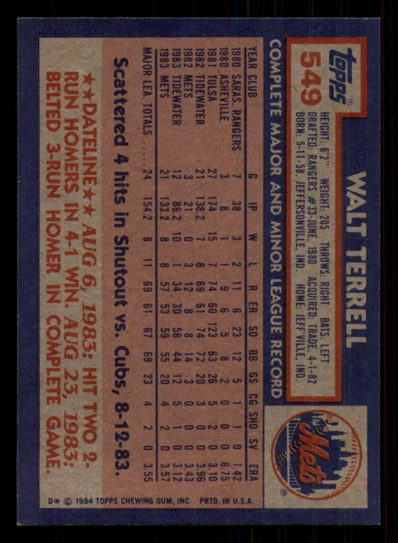 1984 Topps #549 Walt Terrell EX Excellent New York Mets Baseball Card - Baseball Card Single
