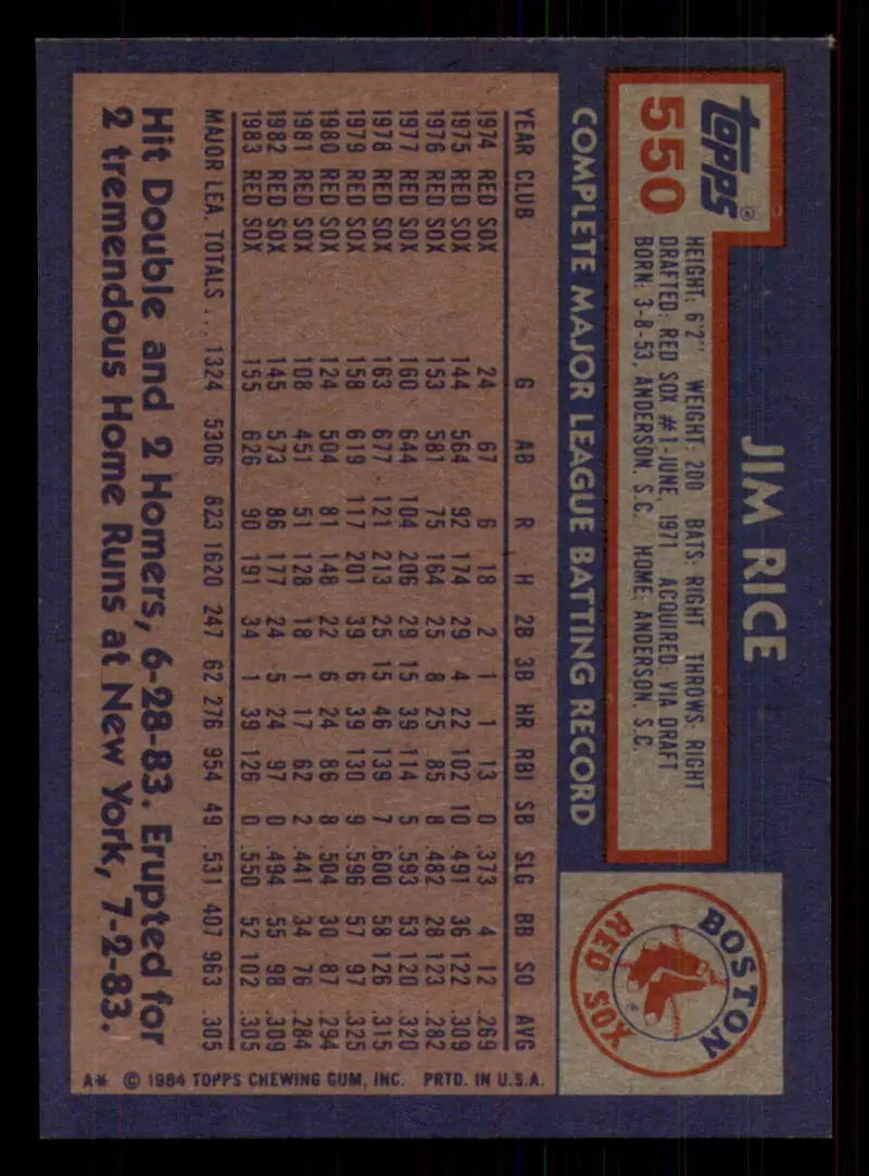 1984 Topps #550 Jim Rice EX Excellent Boston Red Sox Baseball Card - Baseball Card Single