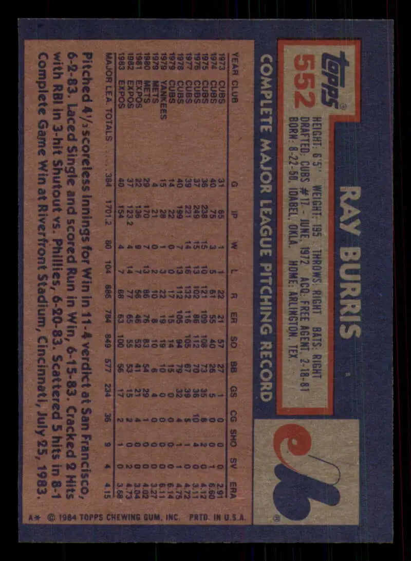 1984 Topps #552 Ray Burris EX Excellent Montreal Expos Baseball Card - Baseball Card Single