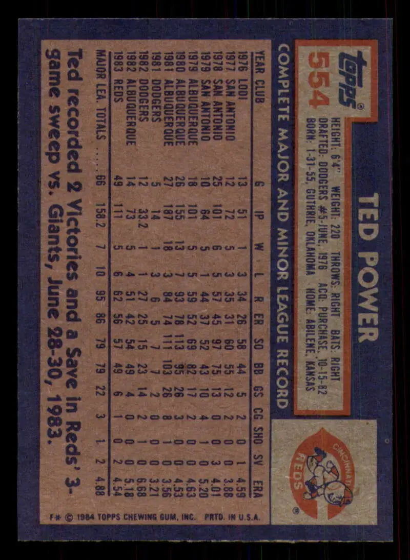 1984 Topps #554 Ted Power EX Excellent Cincinnati Reds Baseball Card - Baseball Card Single