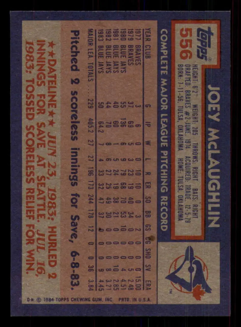 1984 Topps #556 Joey McLaughlin EX Excellent Toronto Blue Jays Baseball Card - Baseball Card Single