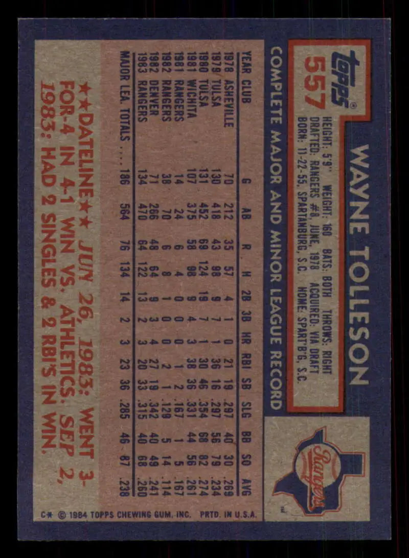 1984 Topps #557 Wayne Tolleson EX Excellent Texas Rangers Baseball Card - Baseball Card Single