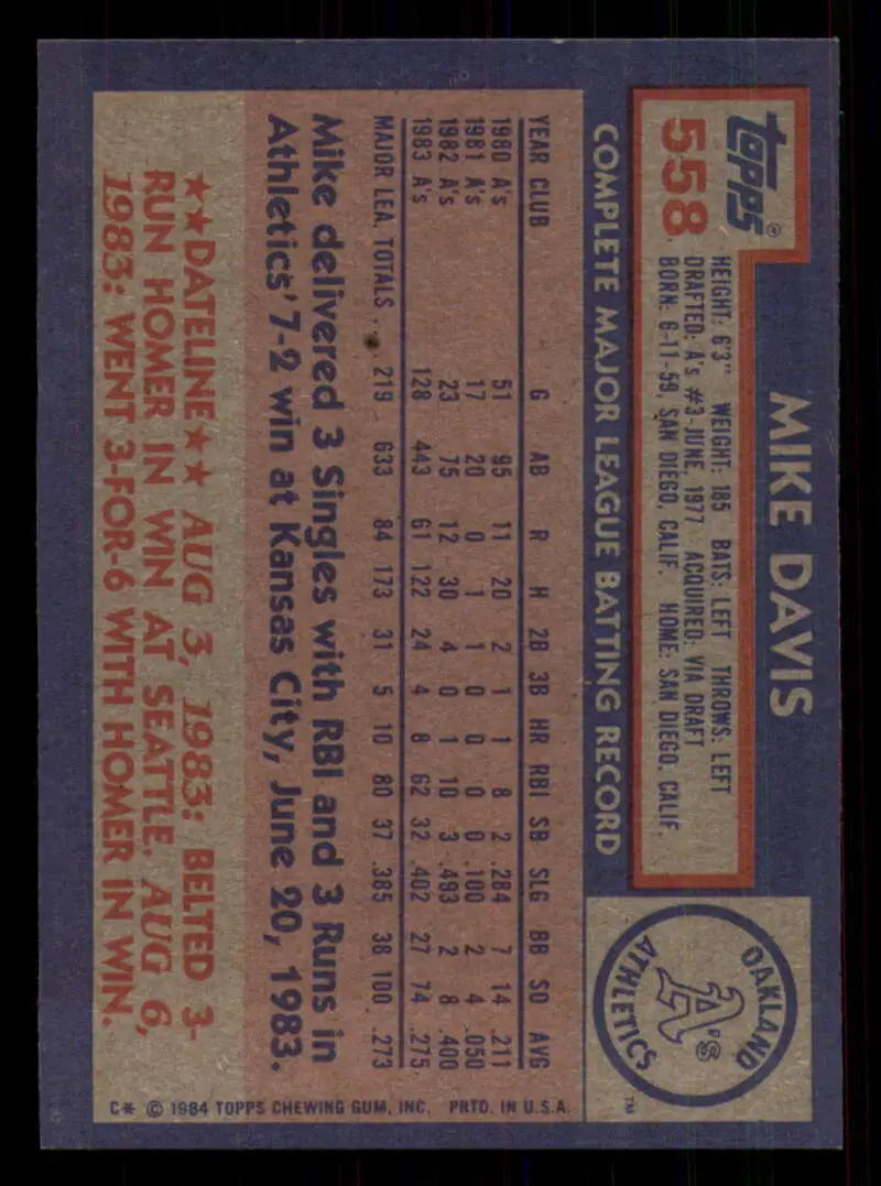 1984 Topps #558 Mike Davis EX Excellent Oakland Athletics Baseball Card - Baseball Card Single