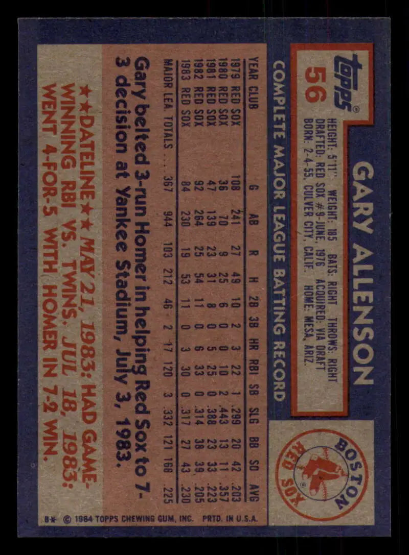 1984 Topps #56 Gary Allenson EX Excellent Boston Red Sox Baseball Card - Baseball Card Single