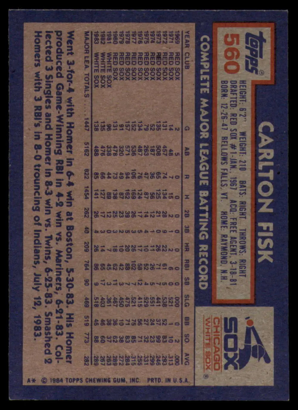 1984 Topps #560 Carlton Fisk EX Excellent Chicago White Sox Baseball Card - Baseball Card Single