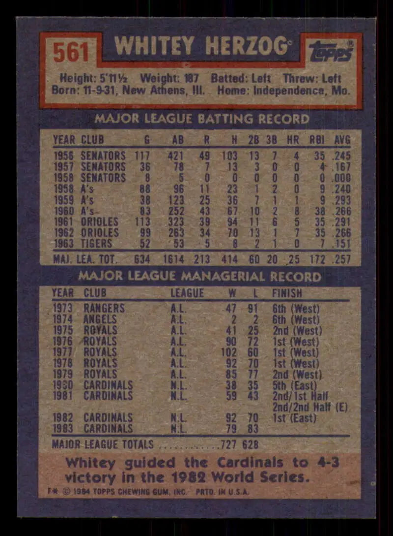 1984 Topps #561 Whitey Herzog EX Excellent St. Louis Cardinals Baseball Card - Baseball Card Single