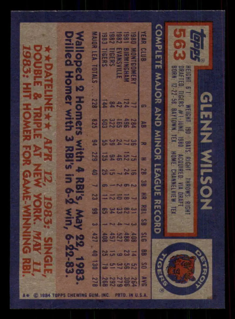 1984 Topps #563 Glenn Wilson EX Excellent Detroit Tigers Baseball Card - Baseball Card Single