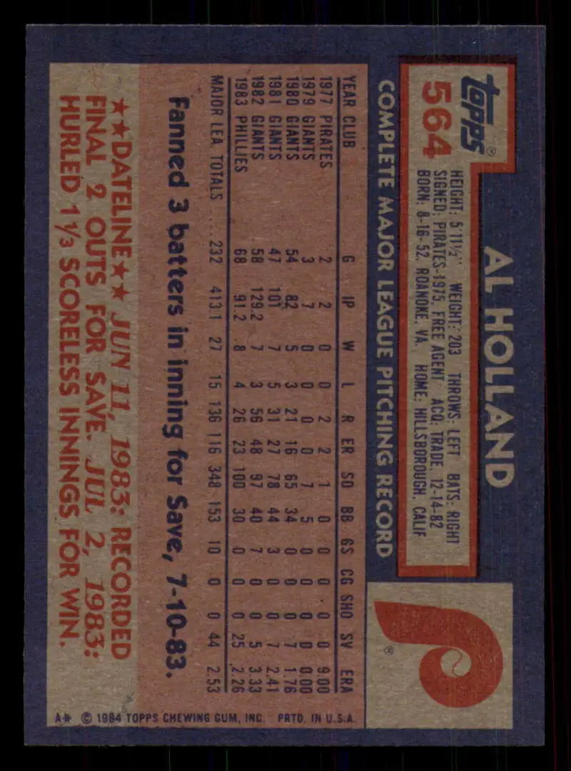 1984 Topps #564 Al Holland EX Excellent Philadelphia Phillies Baseball Card - Baseball Card Single
