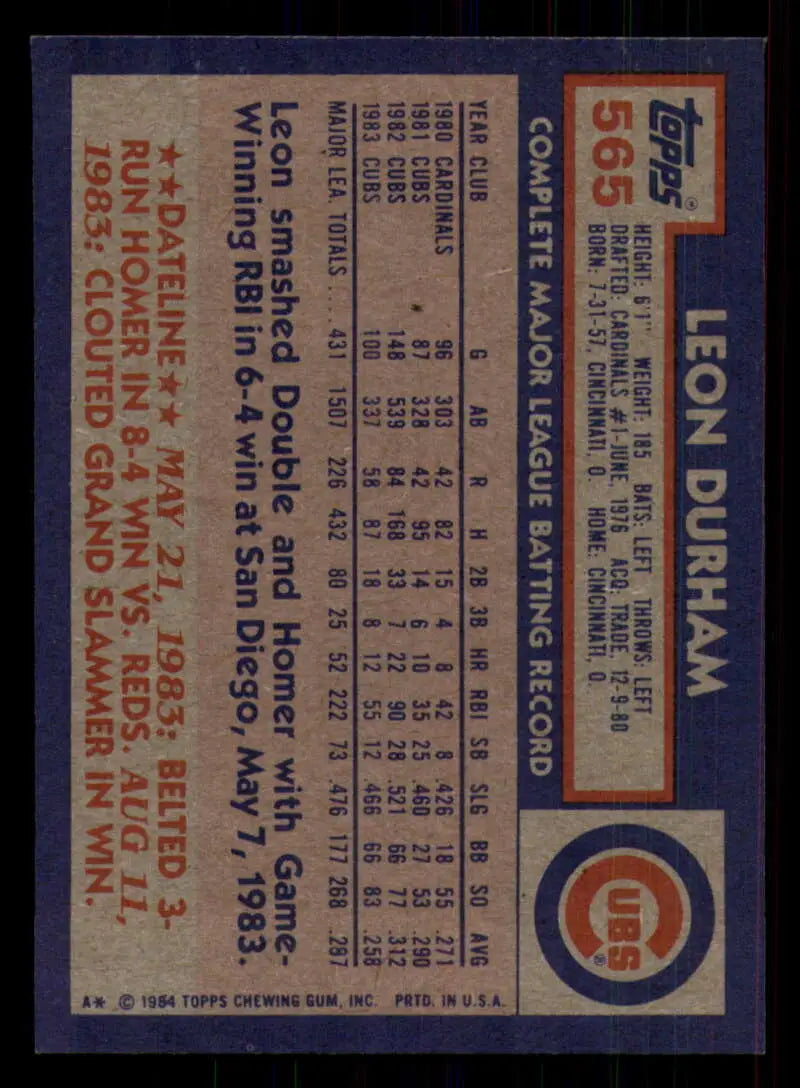 1984 Topps #565 Leon Durham EX Excellent Chicago Cubs Baseball Card - Baseball Card Single