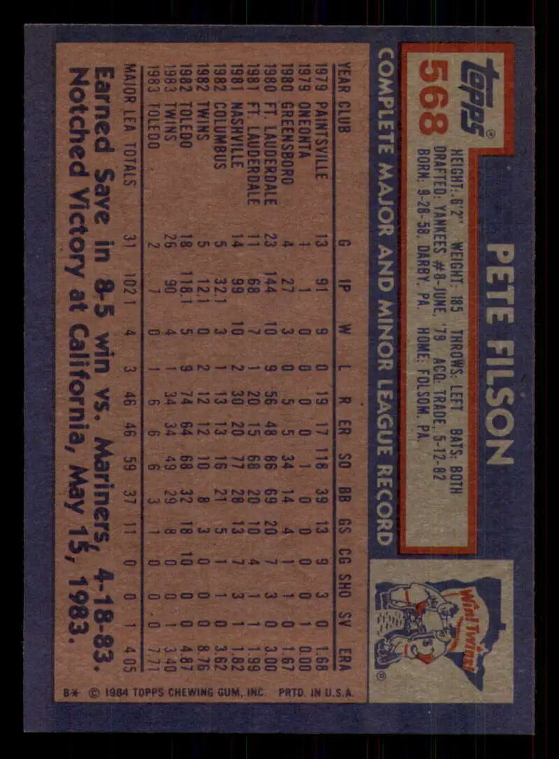 1984 Topps #568 Pete Filson EX Excellent RC Rookie Minnesota Twins Baseball Card - Baseball Card Single