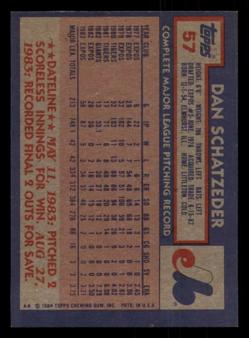 1984 Topps #57 Dan Schatzeder EX Excellent Montreal Expos Baseball Card - Baseball Card Single