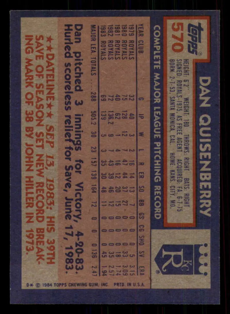 1984 Topps #570 Dan Quisenberry EX Excellent Kansas City Royals Baseball Card - Baseball Card Single