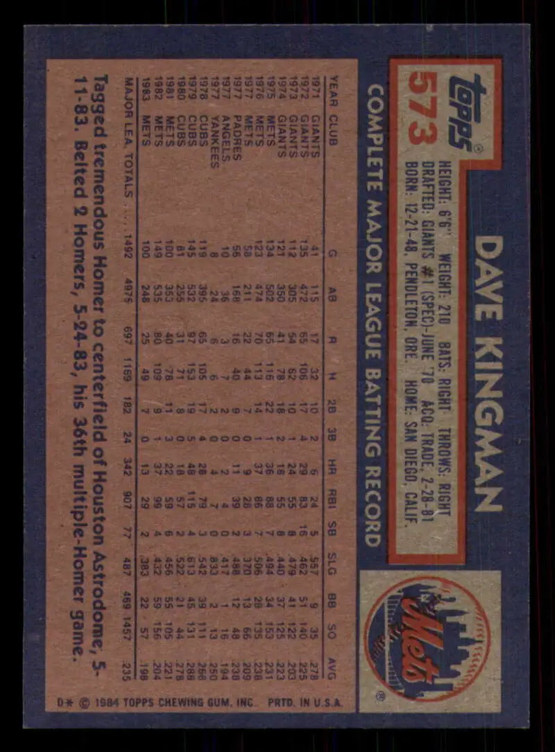 1984 Topps #573 Dave Kingman EX Excellent New York Mets Baseball Card - Baseball Card Single