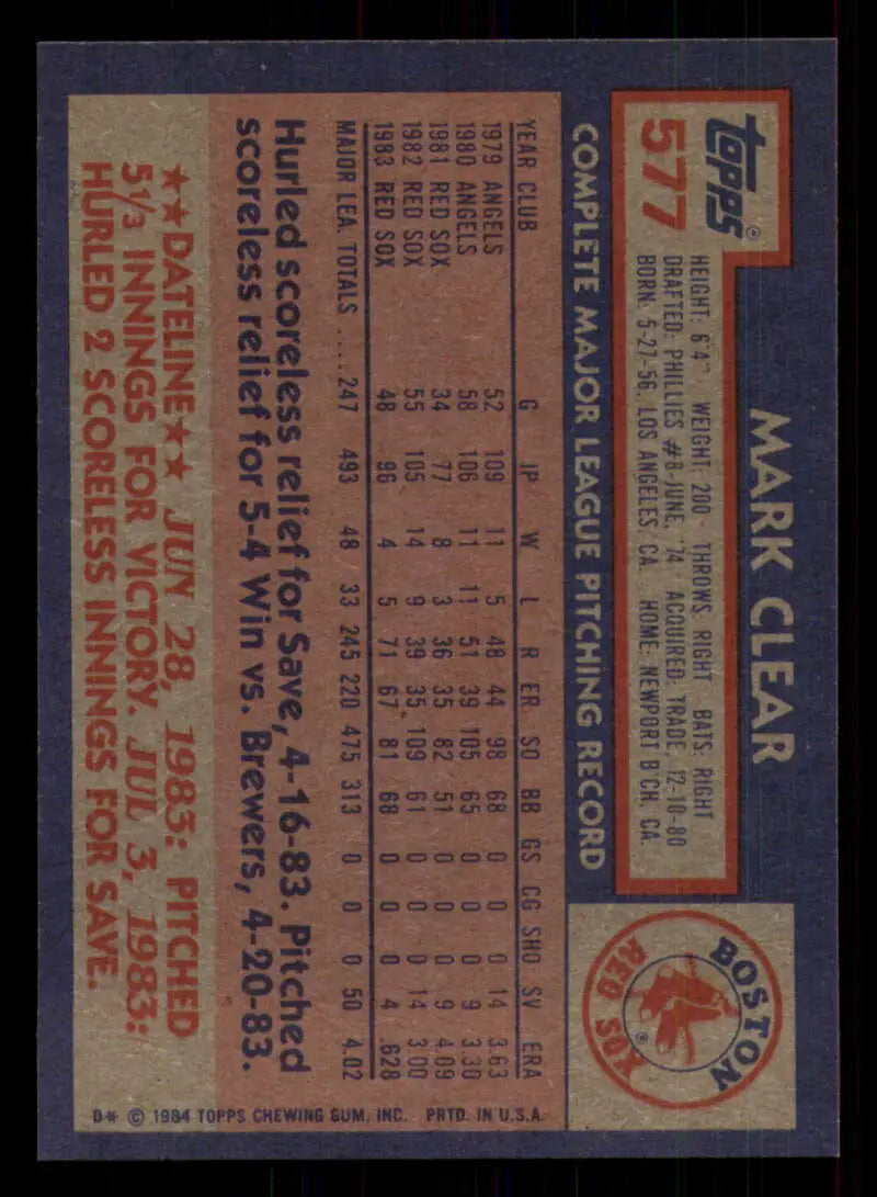 1984 Topps #577 Mark Clear EX Excellent Boston Red Sox Baseball Card - Baseball Card Single