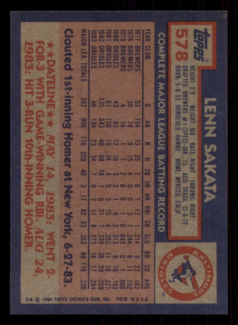 1984 Topps #578 Lenn Sakata EX Excellent Baltimore Orioles Baseball Card - Baseball Card Single