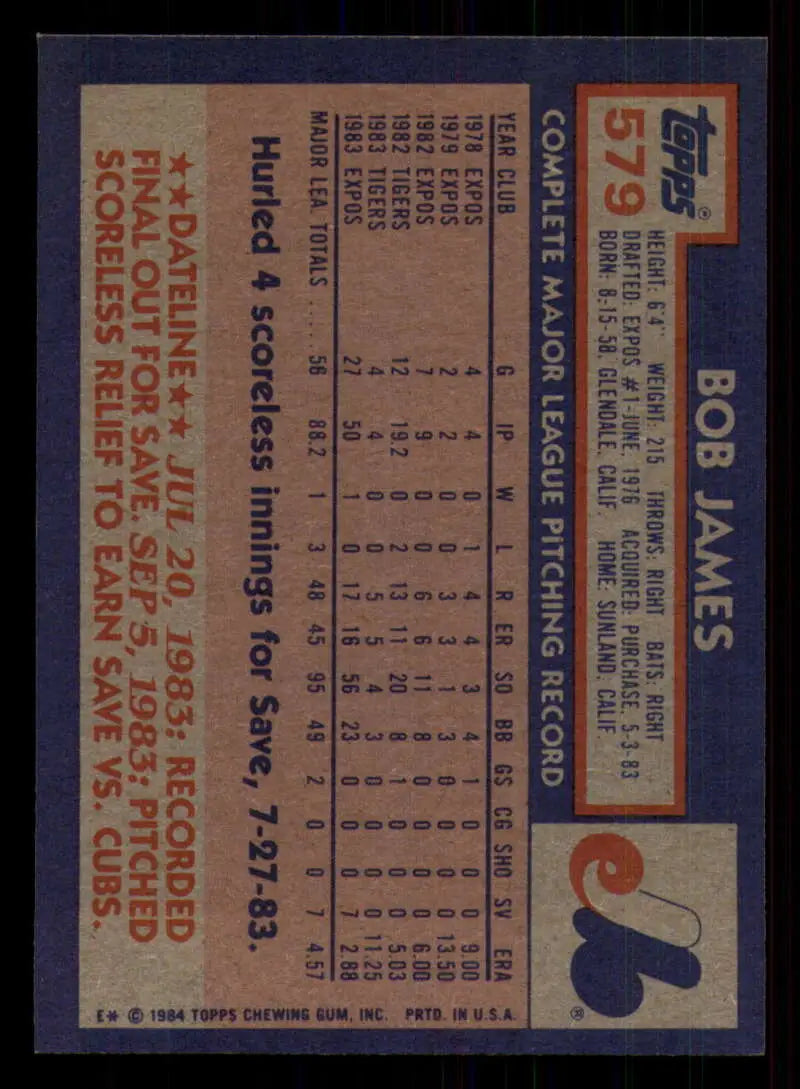 1984 Topps #579 Bob James EX Excellent RC Rookie Montreal Expos Baseball Card - Baseball Card Single