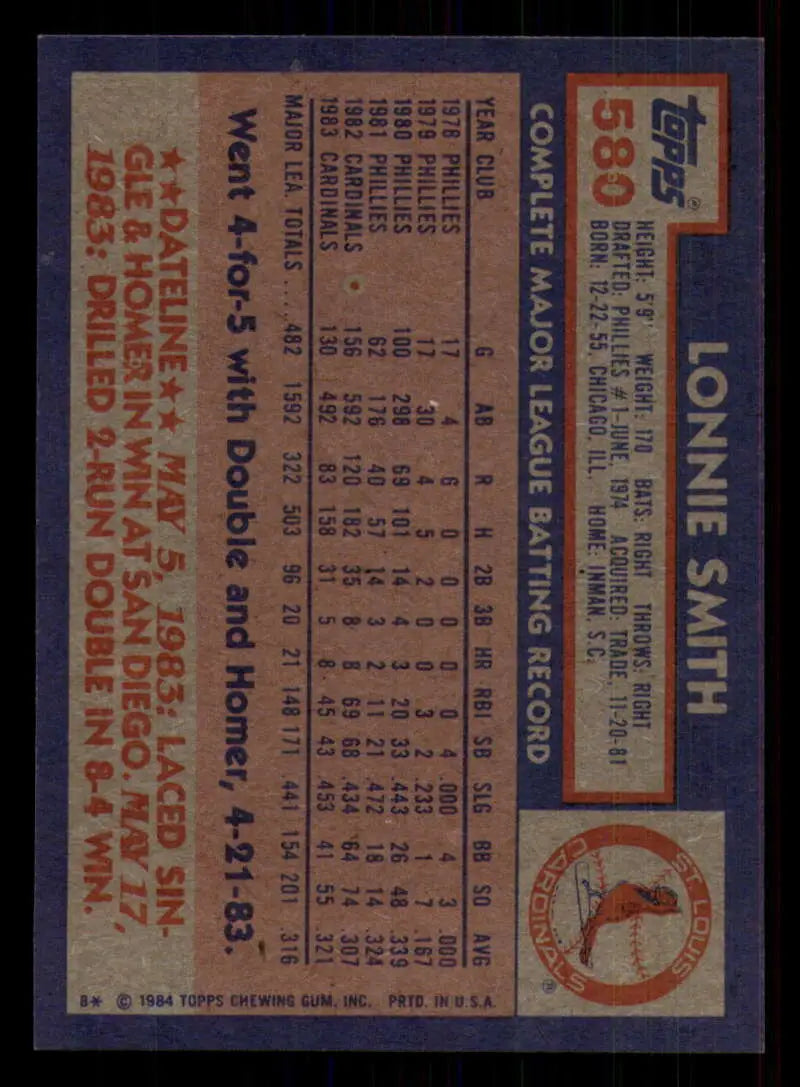 1984 Topps #580 Lonnie Smith EX Excellent St. Louis Cardinals Baseball Card - Baseball Card Single