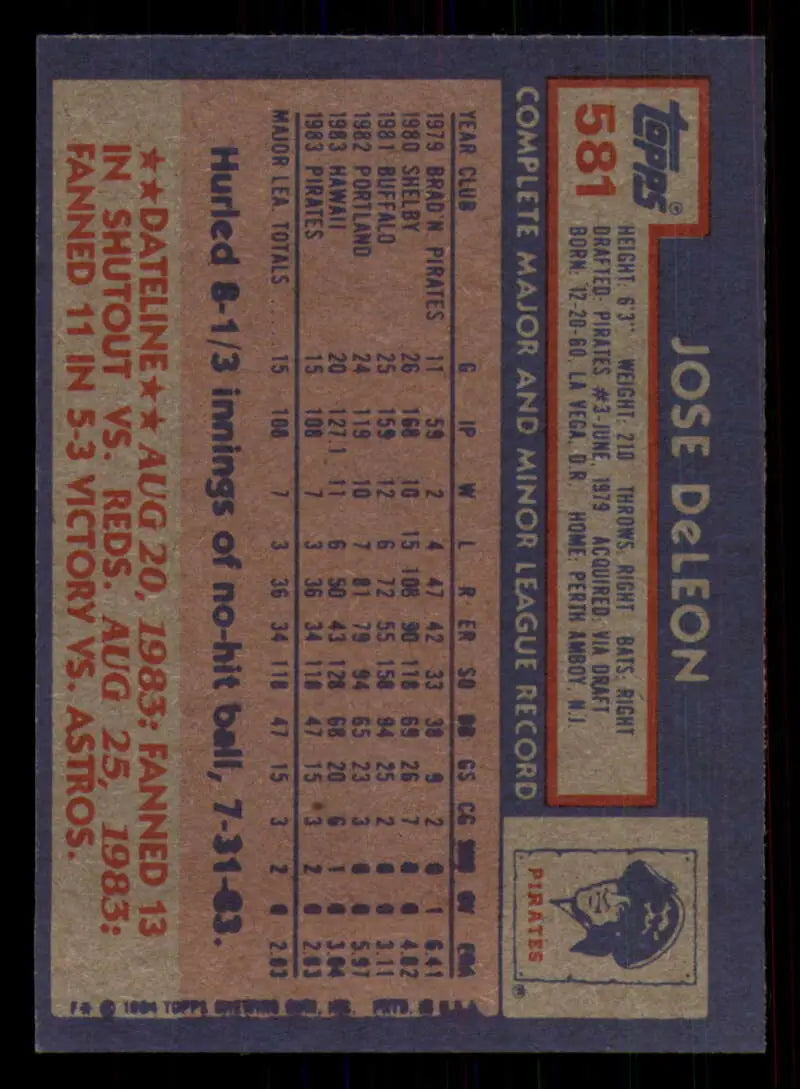 1984 Topps #581 Jose DeLeon EX Excellent RC Rookie Pittsburgh Pirates Baseball Card - Baseball Card Single