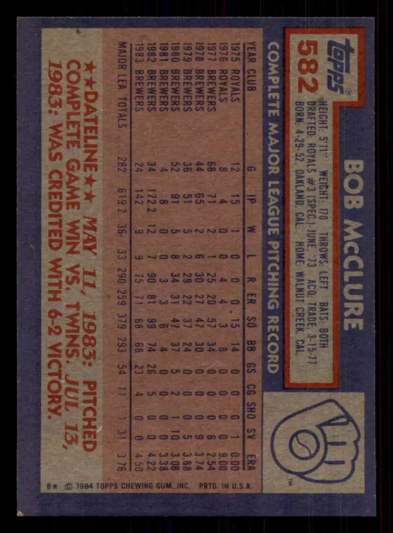 1984 Topps #582 Bob McClure EX Excellent Milwaukee Brewers Baseball Card - Baseball Card Single