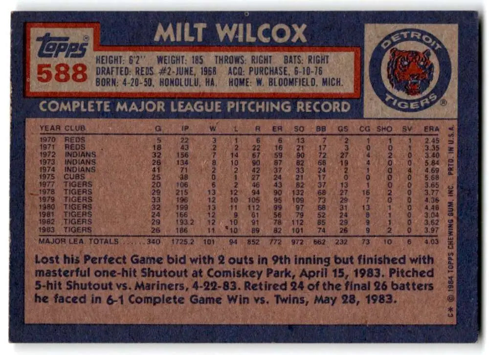 1984 Topps #588 Milt Wilcox EX Excellent Detroit Tigers Baseball Card - Baseball Card Single