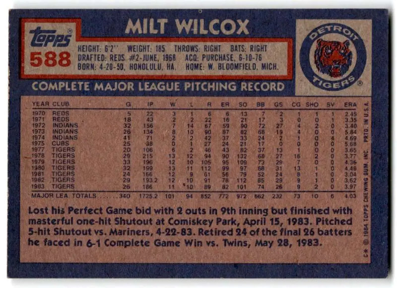 1984 Topps #588 Milt Wilcox EX Excellent Detroit Tigers Baseball Card - Baseball Card Single