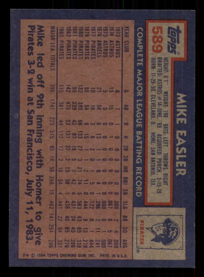 1984 Topps #589 Mike Easler EX Excellent Pittsburgh Pirates Baseball Card - Baseball Card Single