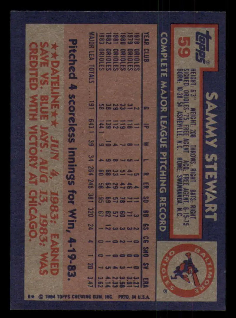 1984 Topps #59 Sammy Stewart EX Excellent Baltimore Orioles Baseball Card - Baseball Card Single