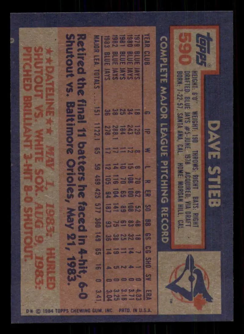 1984 Topps #590 Dave Stieb EX Excellent Toronto Blue Jays Baseball Card - Baseball Card Single