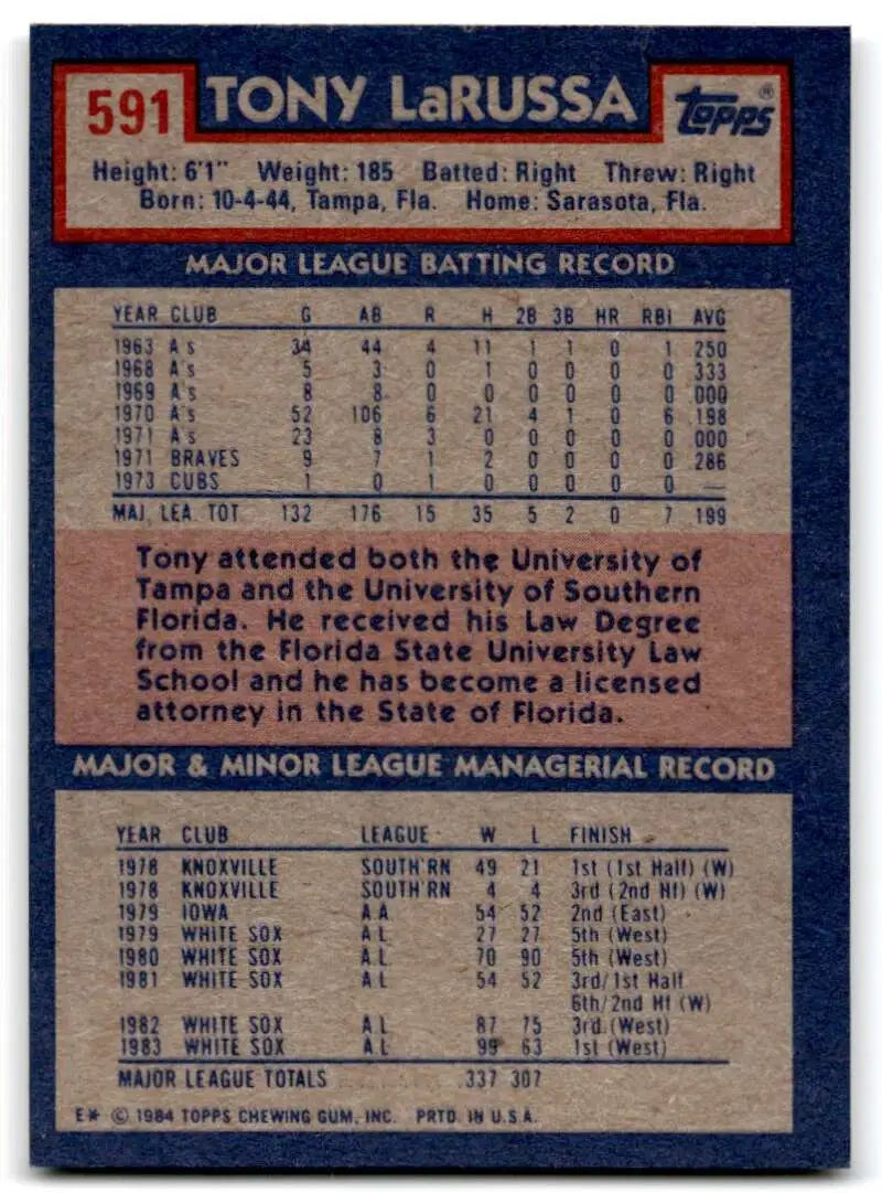 1984 Topps #591 Tony LaRussa EX Excellent Chicago White Sox Baseball Card - Baseball Card Single