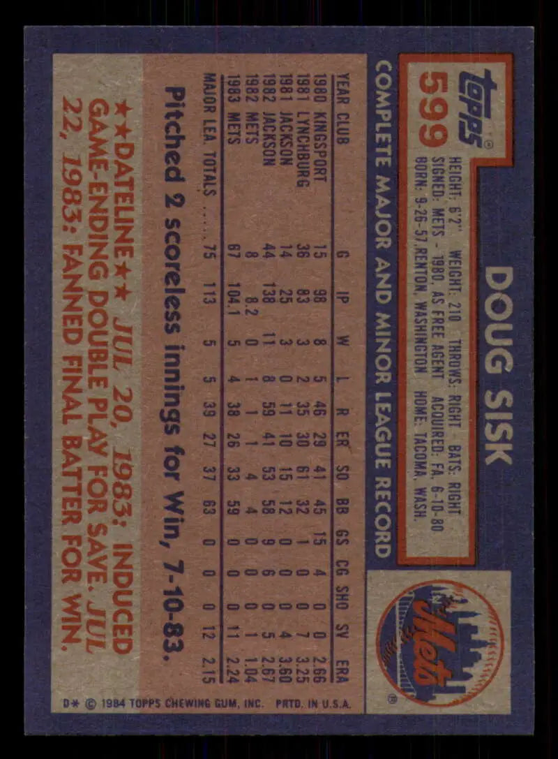 1984 Topps #599 Doug Sisk EX Excellent New York Mets Baseball Card - Baseball Card Single