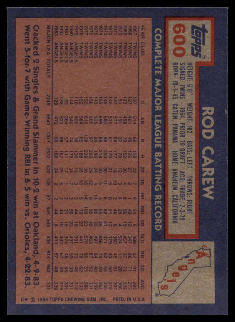 1984 Topps #600 Rod Carew EX Excellent California Angels Baseball Card - Baseball Card Single