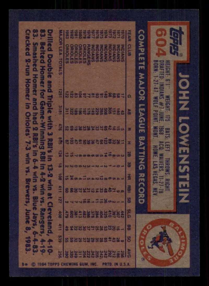 1984 Topps #604 John Lowenstein EX Excellent Baltimore Orioles Baseball Card - Baseball Card Single