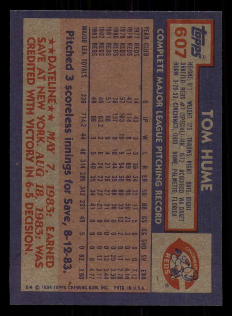 1984 Topps #607 Tom Hume EX Excellent Cincinnati Reds Baseball Card - Baseball Card Single