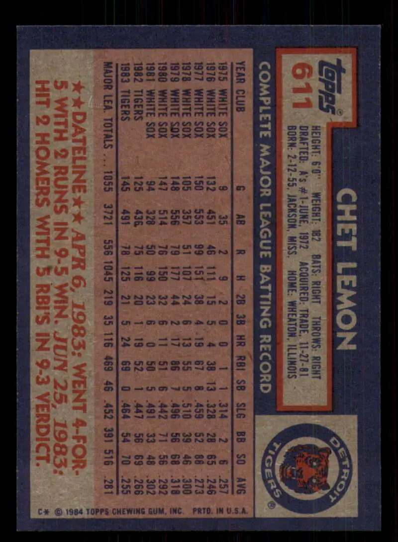 1984 Topps #611 Chet Lemon EX Excellent Detroit Tigers Baseball Card - Baseball Card Single