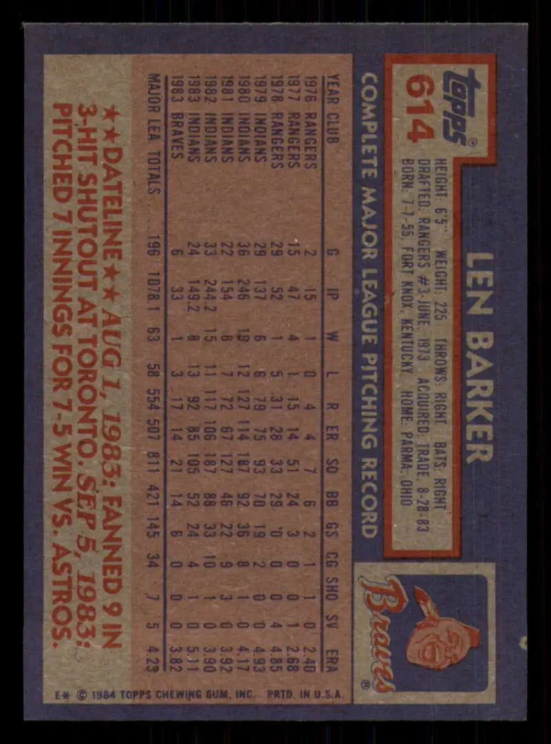 1984 Topps #614 Len Barker EX Excellent Atlanta Braves Baseball Card - Baseball Card Single