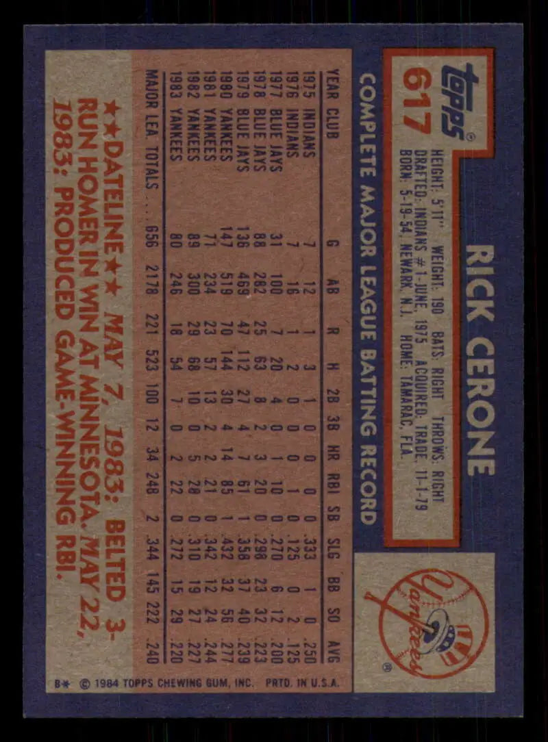 1984 Topps #617 Rick Cerone EX Excellent New York Yankees Baseball Card - Baseball Card Single