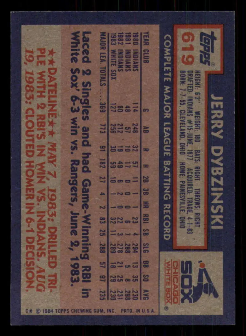 1984 Topps #619 Jerry Dybzinski EX Excellent Chicago White Sox Baseball Card - Baseball Card Single