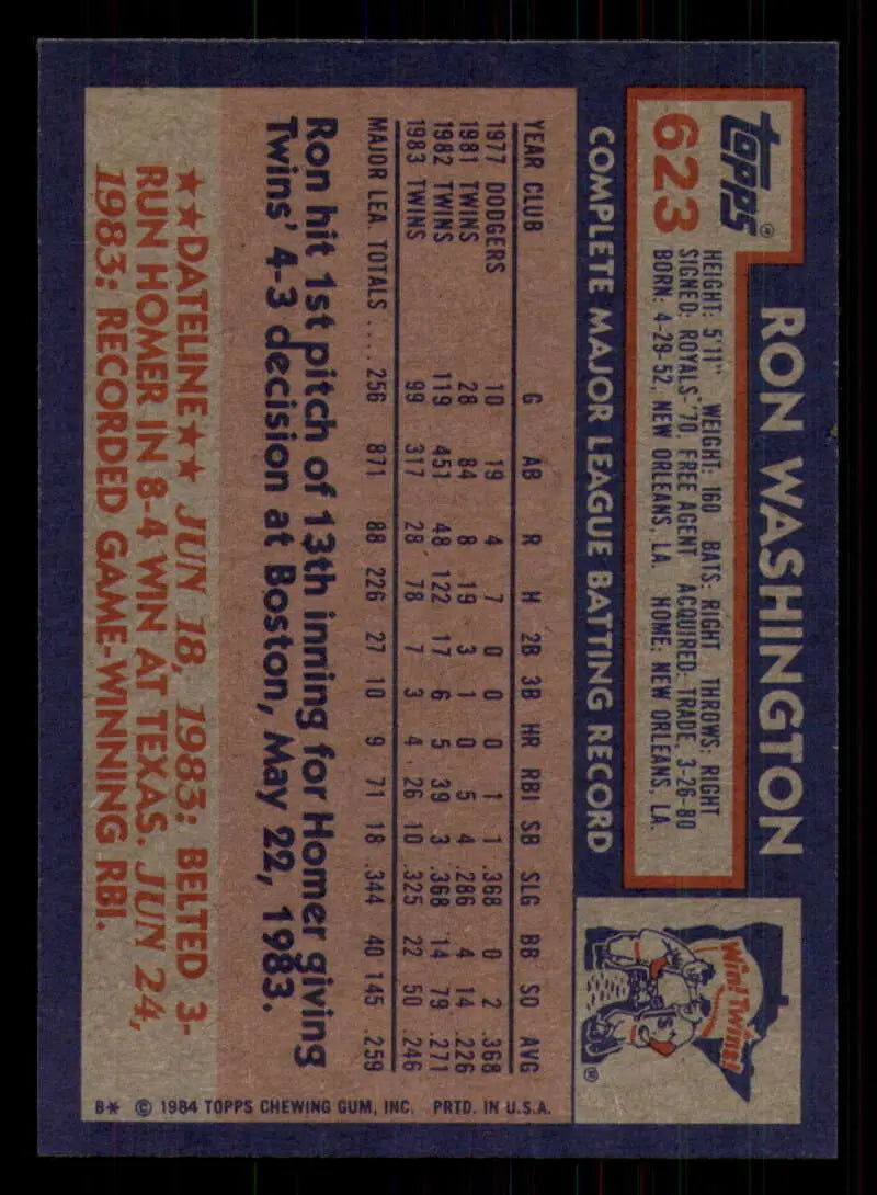 1984 Topps #623 Ron Washington EX Excellent Minnesota Twins Baseball Card - Baseball Card Single