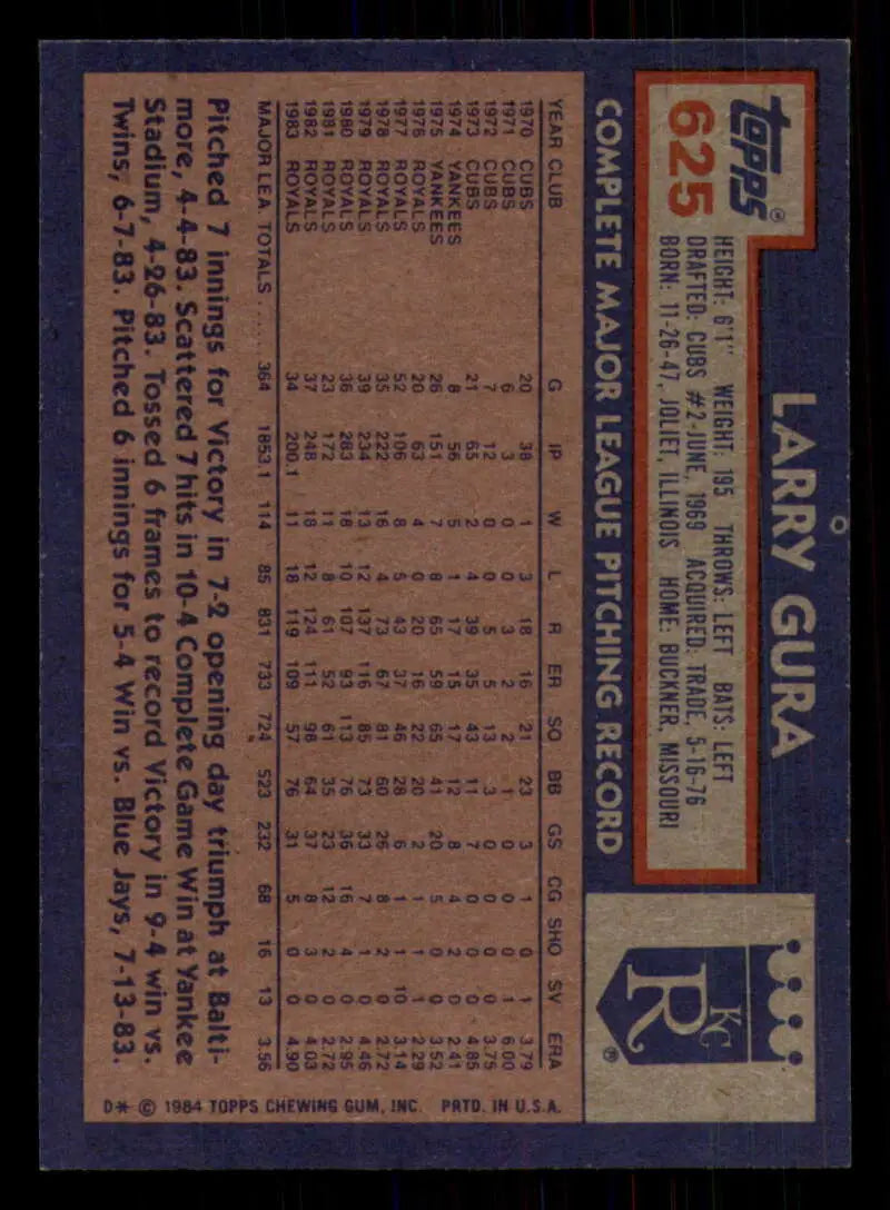 1984 Topps #625 Larry Gura EX Excellent Kansas City Royals Baseball Card - Baseball Card Single