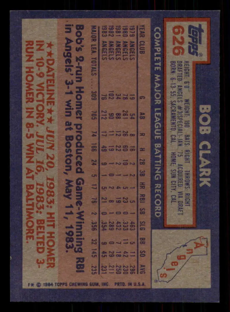 1984 Topps #626 Bobby Clark EX Excellent California Angels Baseball Card - Baseball Card Single
