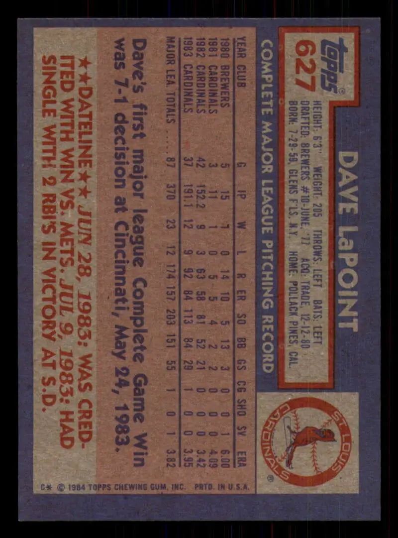 1984 Topps #627 Dave LaPoint EX Excellent St. Louis Cardinals Baseball Card - Baseball Card Single