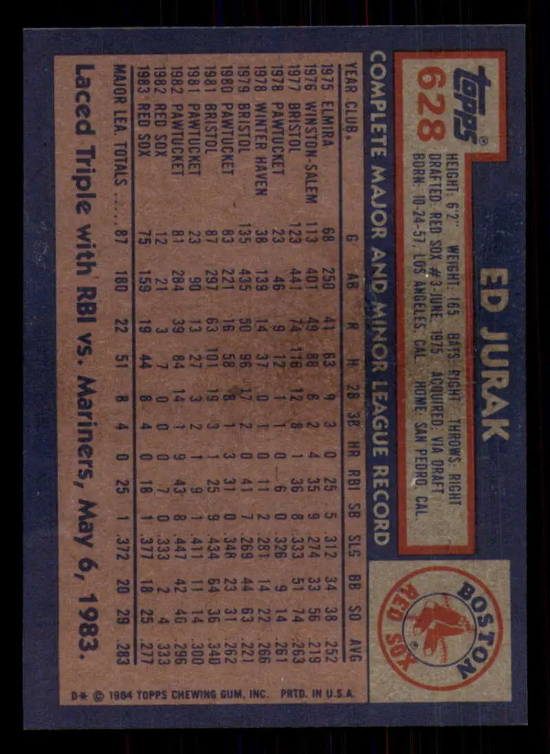 1984 Topps #628 Ed Jurak EX Excellent RC Rookie Boston Red Sox Baseball Card - Baseball Card Single