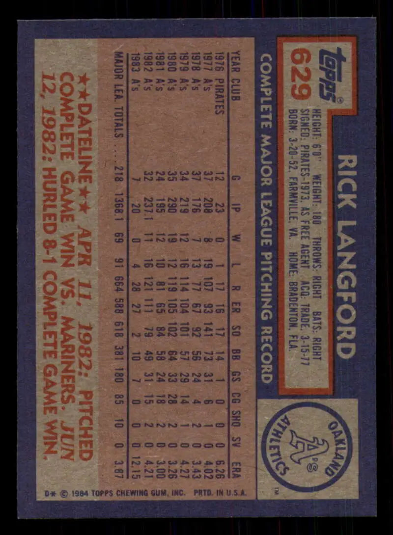 1984 Topps #629 Rick Langford EX Excellent Oakland Athletics Baseball Card - Baseball Card Single