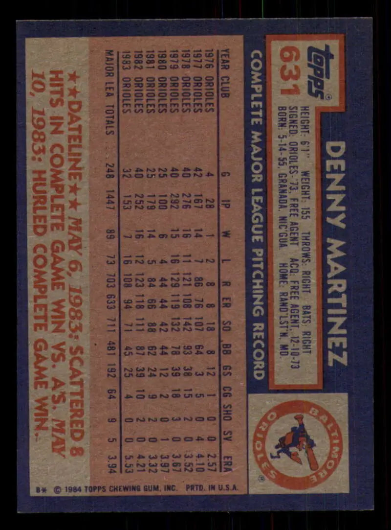 1984 Topps #631 Denny Martinez EX Excellent Baltimore Orioles Baseball Card - Baseball Card Single