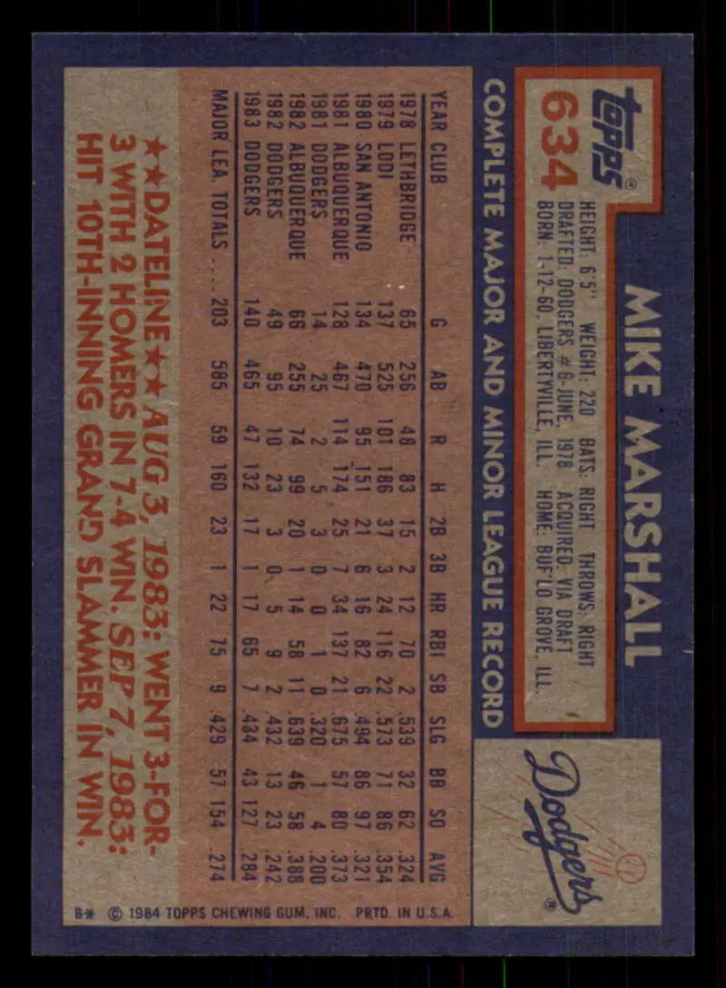 1984 Topps #634 Mike Marshall EX Excellent Los Angeles Dodgers Baseball Card - Baseball Card Single