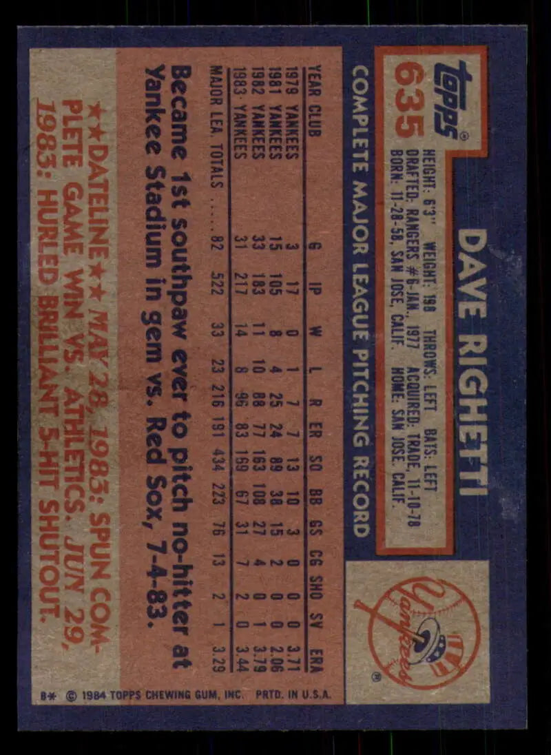 1984 Topps #635 Dave Righetti EX Excellent New York Yankees Baseball Card - Baseball Card Single