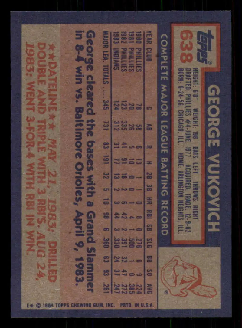 1984 Topps #638 George Vukovich EX Excellent Cleveland Indians Baseball Card - Baseball Card Single
