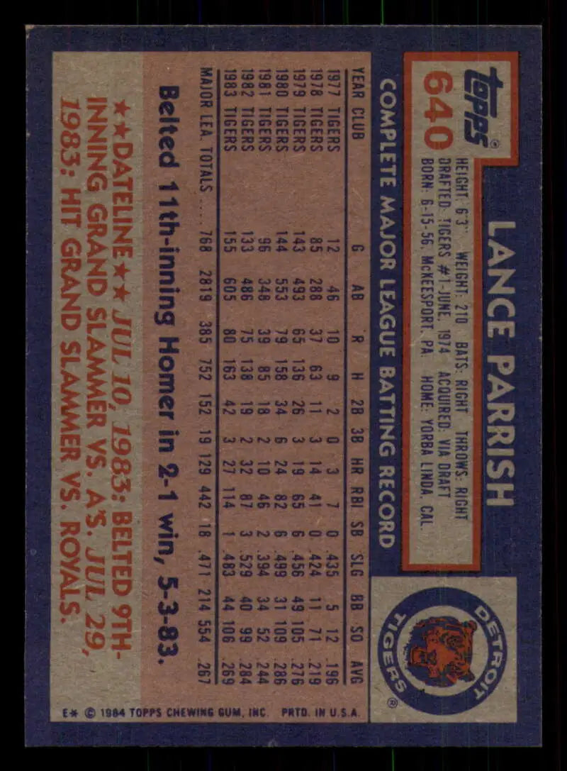 1984 Topps #640 Lance Parrish EX Excellent Detroit Tigers Baseball Card - Baseball Card Single