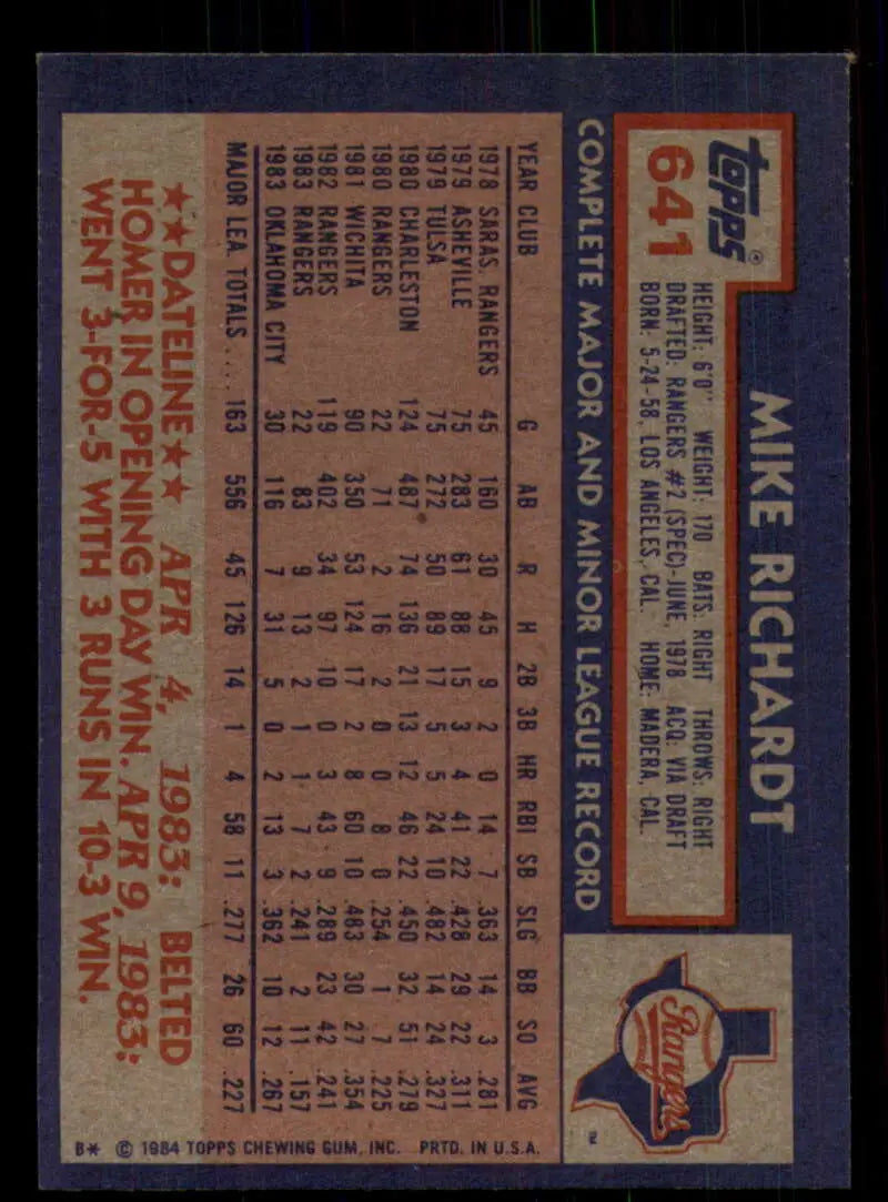 1984 Topps #641 Mike Richardt EX Excellent Texas Rangers Baseball Card - Baseball Card Single